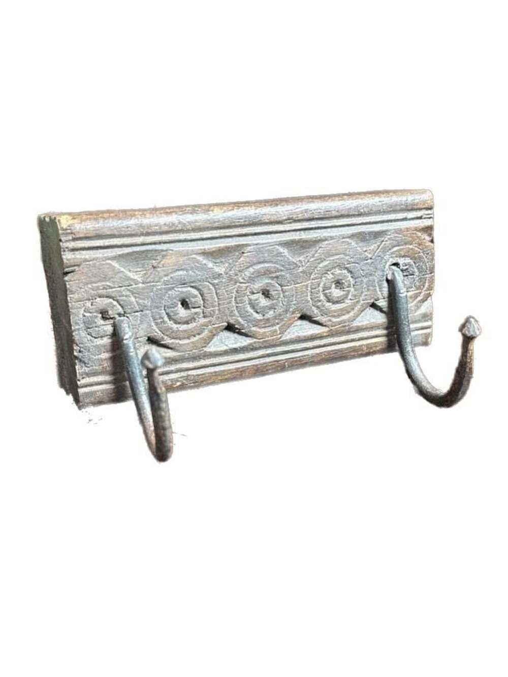 Vintage Hand Carved Reclaimed Wood Wall Hook Rack with Iron Hooks